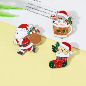 Detailed view of Christmas enamel pins featuring bear, cat, and dog in holiday socks