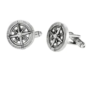 Retro silver compass cufflinks for men with central rhinestone and engraved star pattern