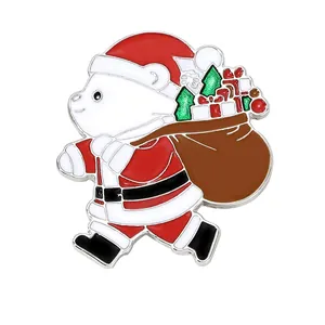 Cartoon polar bear Christmas enamel brooch with Santa outfit and gift bag accessory