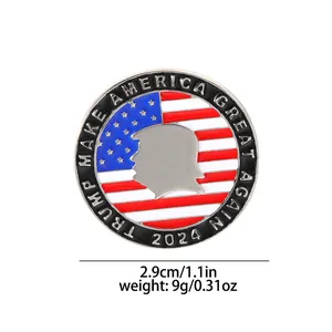 Round enamel American flag pin badge with presidential silhouette and political slogan