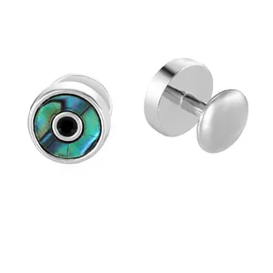 Polished silver stainless steel ear plugs with abalone shell inlay for a punk style look