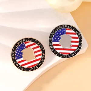 Macro shot of Trump 2024 campaign badges with US flag and gold and silver metal edges