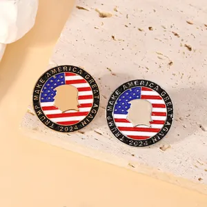 Trump Make America Great Again 2024 Enamel Brooch Pin Round USA Flag Silhouette Alloy Metal Badge For Men Women Gift