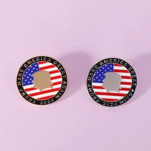 Detail showing two round enamel metal pins with US flag design and Trump 2024 slogan