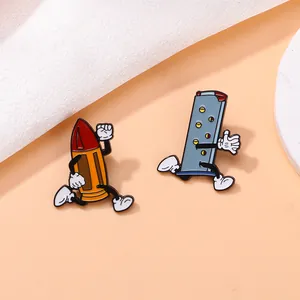Detailed view of creative cartoon running bullet and magazine enamel pins set