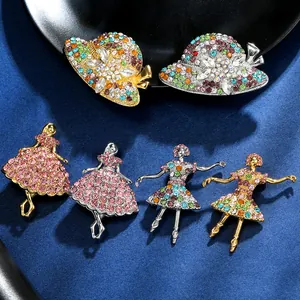 Elegant Alloy Rhinestone Dancing Girl Sun Hat Brooch For Women Crystal Ballet Dancer Enamel Pin Wedding Party Accessory