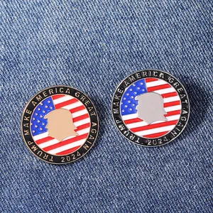 Donald Trump 2024 campaign pin with American flag design on blue denim background