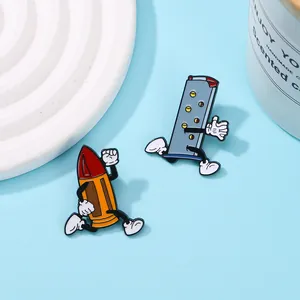 Detailed view of creative running bullet and magazine enamel pins on a blue background