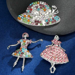 Exquisite ballet dancer and wide brim hat brooches with colorful rhinestones on velvet