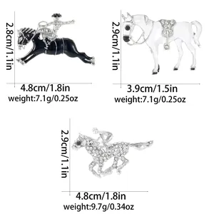 Three fashion enamel horse brooches with dimensions and weight specs on white background