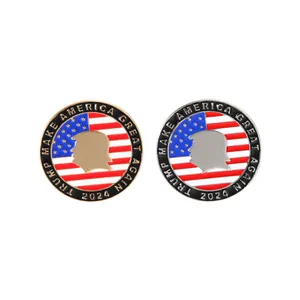 Gold and silver Trump 2024 American flag metal pins in a round badge design