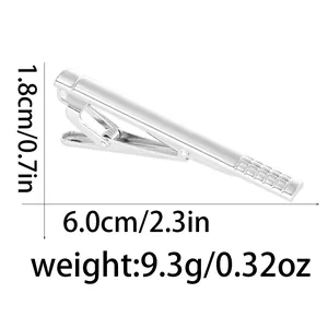 Detailed view of silver metal tie clip with dimensions 6.0x1.8cm and non-slip texture