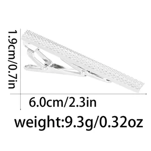 Detailed size chart showing silver tie clip dimensions of 6.0cm length and 9.3g weight