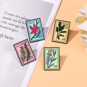 Vintage Postage Stamp Enamel Pin Set Alloy Flower Plant Brooch For Women Clothes Decorative Lapel Pin Badge Jewelry Gift