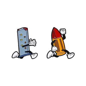Running magazine and bullet cartoon enamel pin set with retro rubber hose animation style