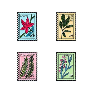 Set of four vintage flower stamp enamel pins made of zinc alloy for clothing accessories