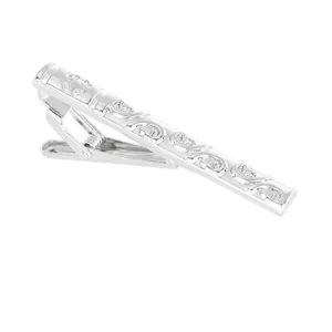 Elegant silver tie clip with embossed swirl patterns and high-gloss metallic finish