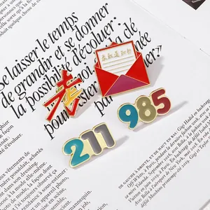 Macro detail of enamel success pins featuring university admission and graduation themes