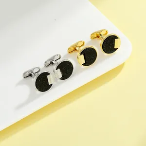 Boutons de manchette ronds en agate noire pour hommes, finitions argentées et dorées