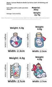 Tableau des tailles détaillé pour broches chat en émail avec dimensions et poids