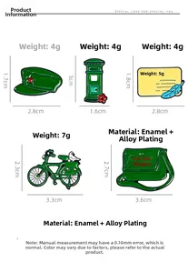 Guía de tallas para broches postales vintage con medidas de buzón y de bicicleta