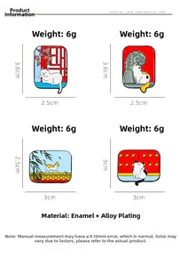 Detail view of Chinese style cat enamel pins with dimensions and size specifications