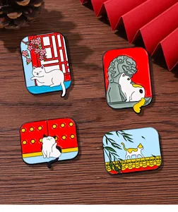 Detailed set of four Chinese style enamel pins featuring cute white cats and architecture