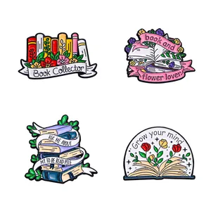 Cartoon enamel lapel pin set featuring floral and book themes for bags and clothing