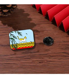 Detailed enamel pin showing a cat on red palace eaves with a black butterfly clutch