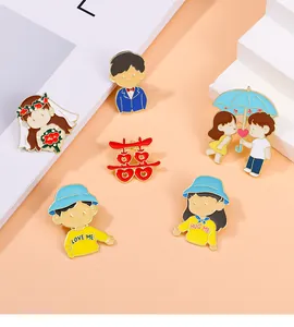 Detailed close-up of six colorful enamel wedding brooches with metal alloy finish