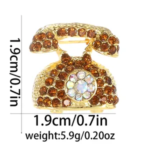 Vintage-Telefon-Brosche in Gold mit braunen Strasssteinen und AB-Kristall, 1,9 cm