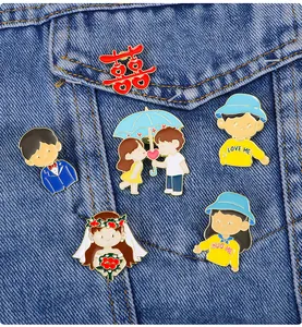 Creative wedding enamel pins with Xi character and cartoon couples on denim jacket
