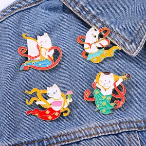 Lot de quatre pin's en émail chat Dunhuang Flying Apsaras sur fond en denim bleu