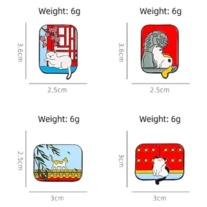 Set of 4 Chinese style enamel cat pins featuring forbidden city and floral elements