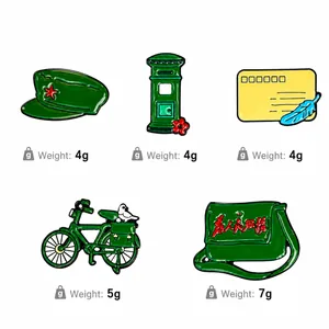 Vintage retro postal enamel pin set with military cap, mailbox, bicycle, and bag