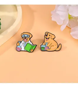 Détails de broches de golden retriever de dessin animé avec lunettes et blouse