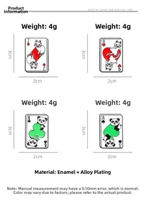 Detail view of cat and panda poker card enamel pins with size and weight specs