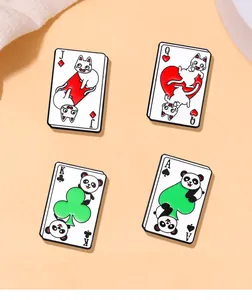 Detailed view of four poker card enamel pins featuring cute cat and panda animal designs