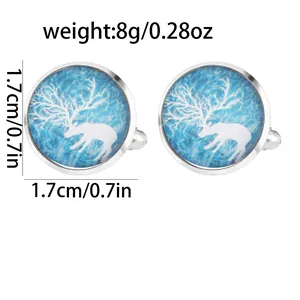 Silberne runde Manschettenknöpfe mit weißem Hirschmotiv und blauer Textur, 1,7cm