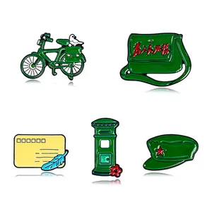 5-piece set of retro Chinese nostalgia enamel pins featuring vintage postal bike and bag
