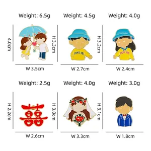 Chinese wedding double happiness enamel pins set with cartoon couple and love themes