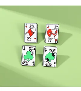 Detailed close-up of four poker-themed enamel pins featuring cute cat and panda designs