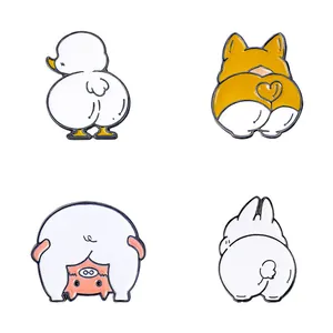 Cute set of four cartoon animal enamel pins featuring corgi, duck, pig, and rabbit butts