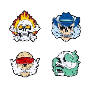 Gothic punk skull enamel pin set with flame and smoke designs for backpacks and jackets
