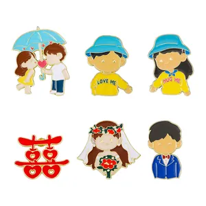 6-piece Chinese wedding enamel pin set featuring double happiness character and couple motifs