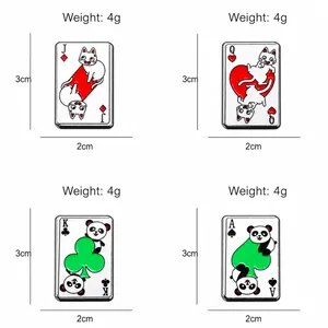 Cartoon cat and panda poker card enamel pins in a grid layout with dimensions