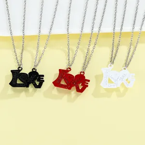 Minimalist zinc alloy LOVE heart puzzle necklace for couples in black, red, and white