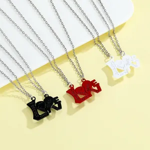 Minimalist LOVE puzzle necklaces for couples in black red and silver alloy set