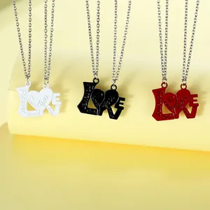 Three pairs of LOVE puzzle couple necklaces in white, black, and red zinc alloy