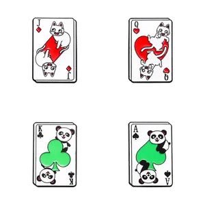 Cartoon panda and white cat playing card enamel pin set in poker J Q K A design